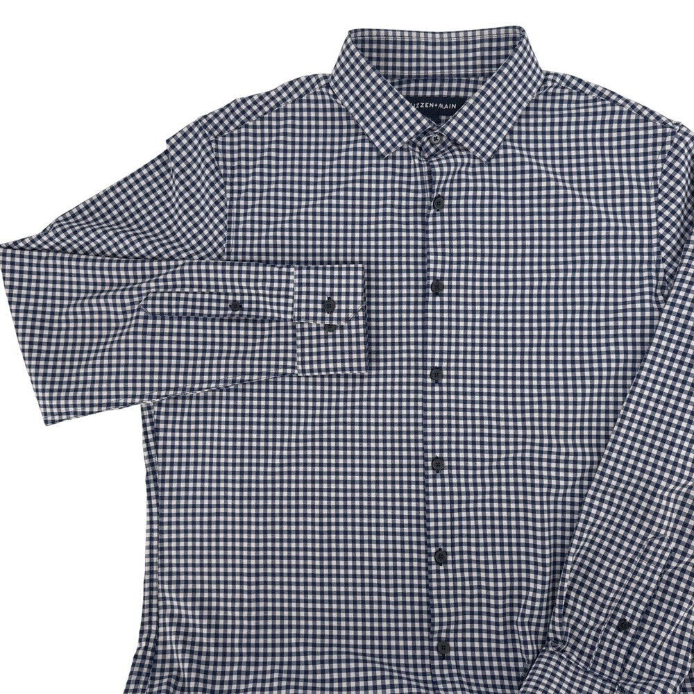 Mizzen+Main Mens Leeward Trim Fit Gingham Performance Dress Shirt Navy L Check